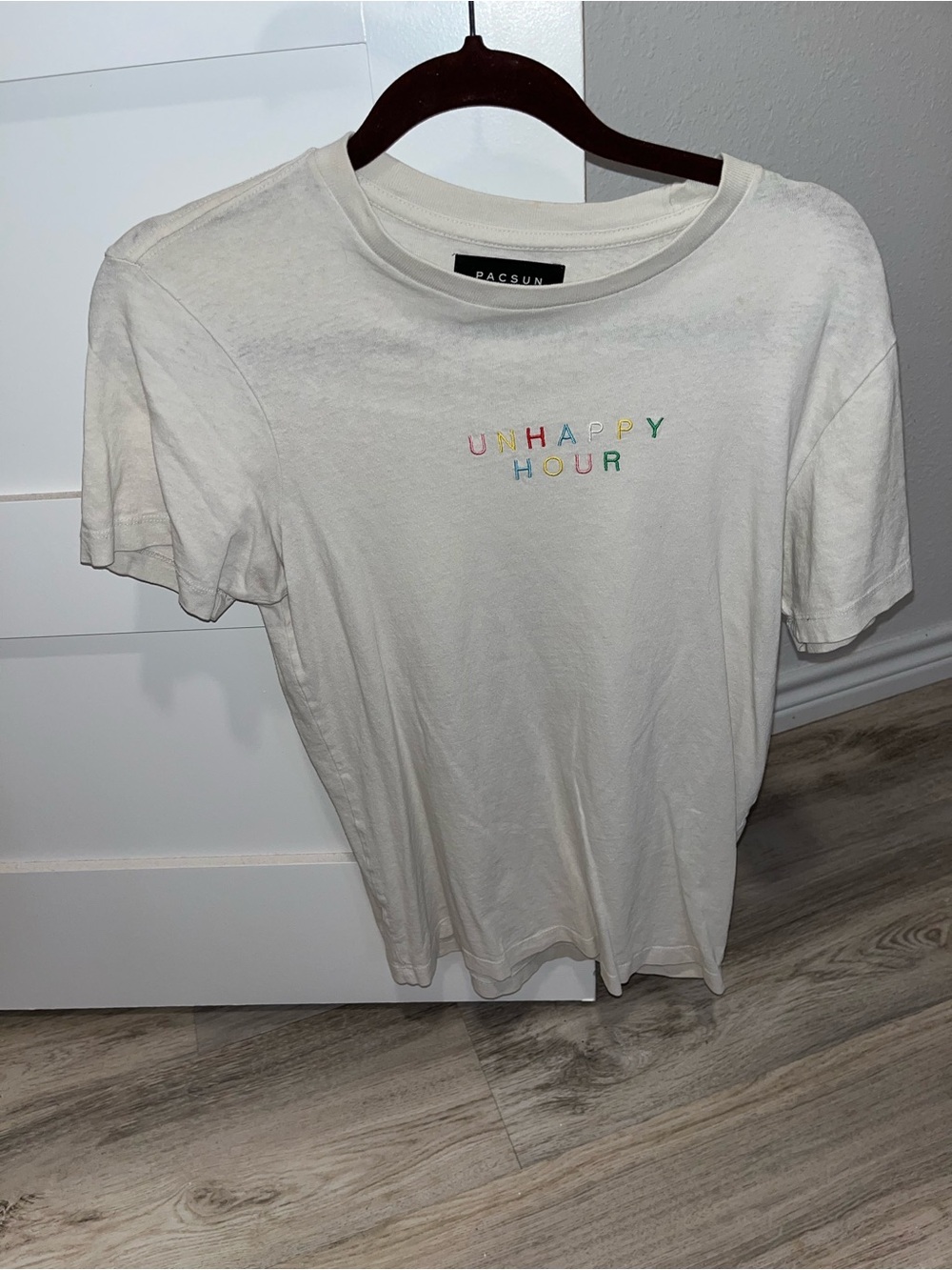 PacSun White Tee with Multicolor 'UNHAPPY HOUR' Embroidery